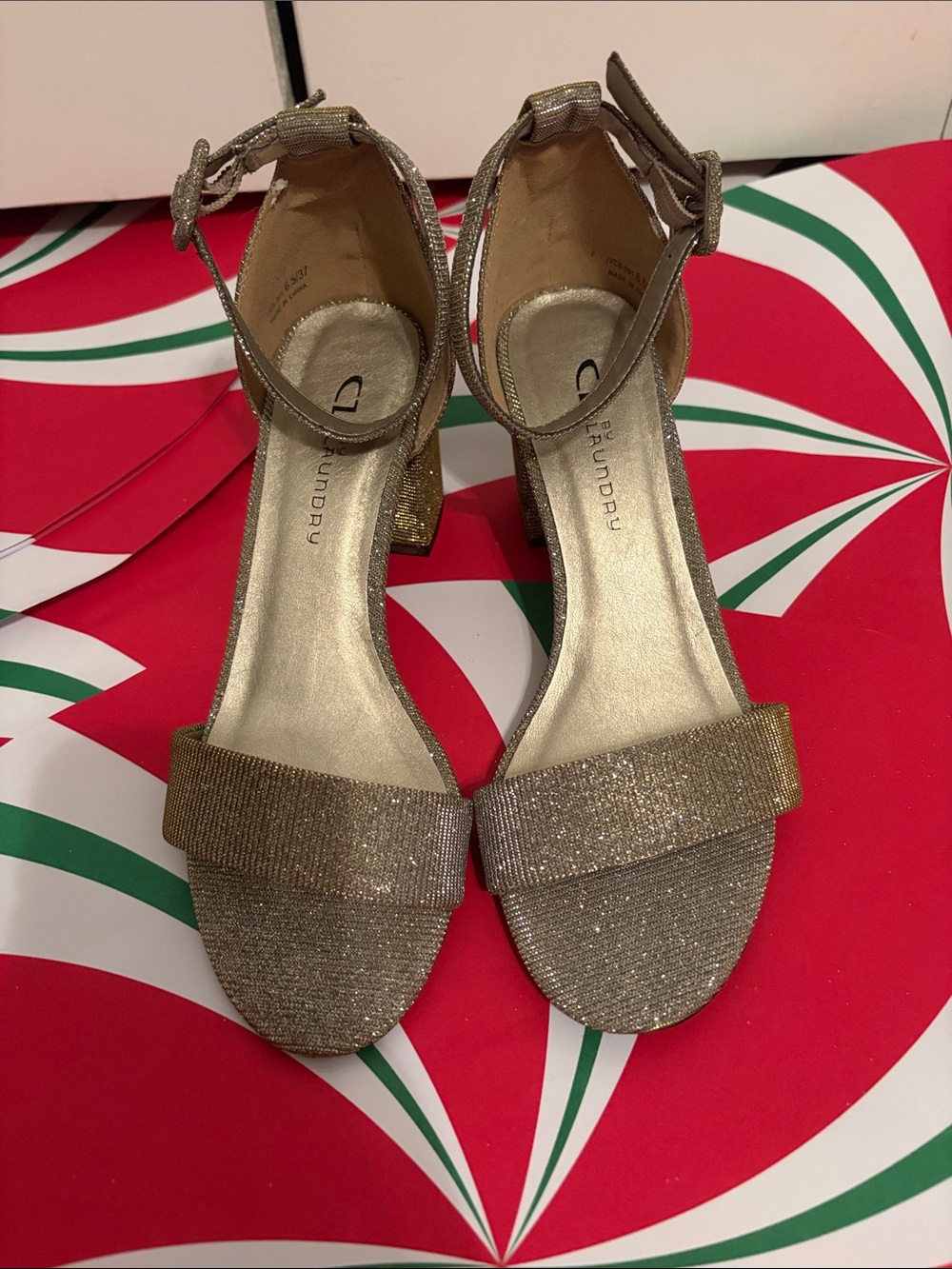 CL by Laundry Gold Glitter Ankle-Strap Block Heels